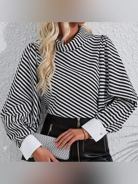 Temu Striped Black & White Puff Balloon Sleeve Blouse, Cuffs, Size XL
